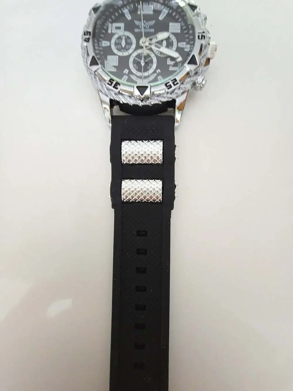 Zhowe men's silver-tone Quartz Chronograph style sports watch with black silicon